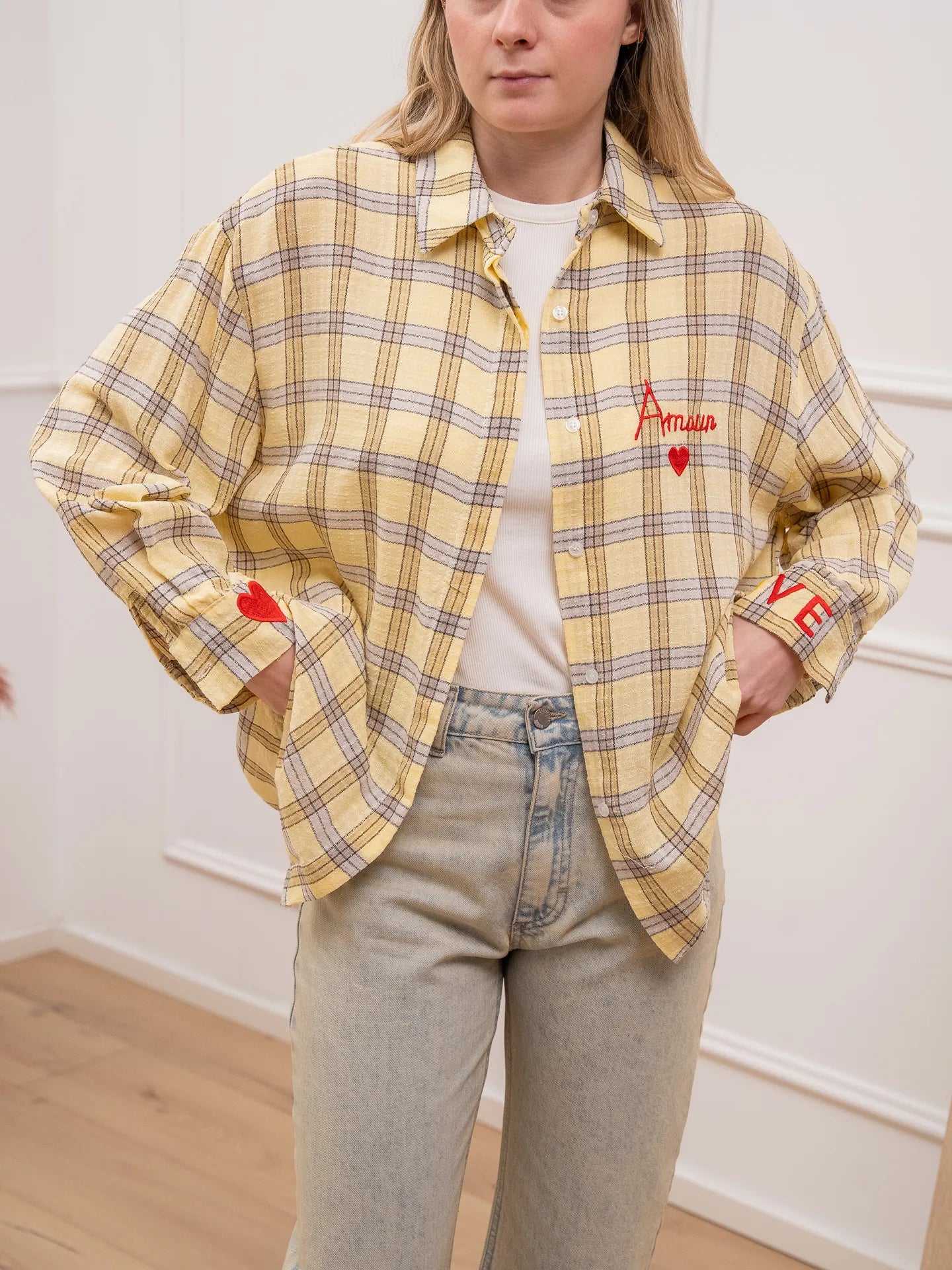 Camicia check giallina ricami Amour - Crispy