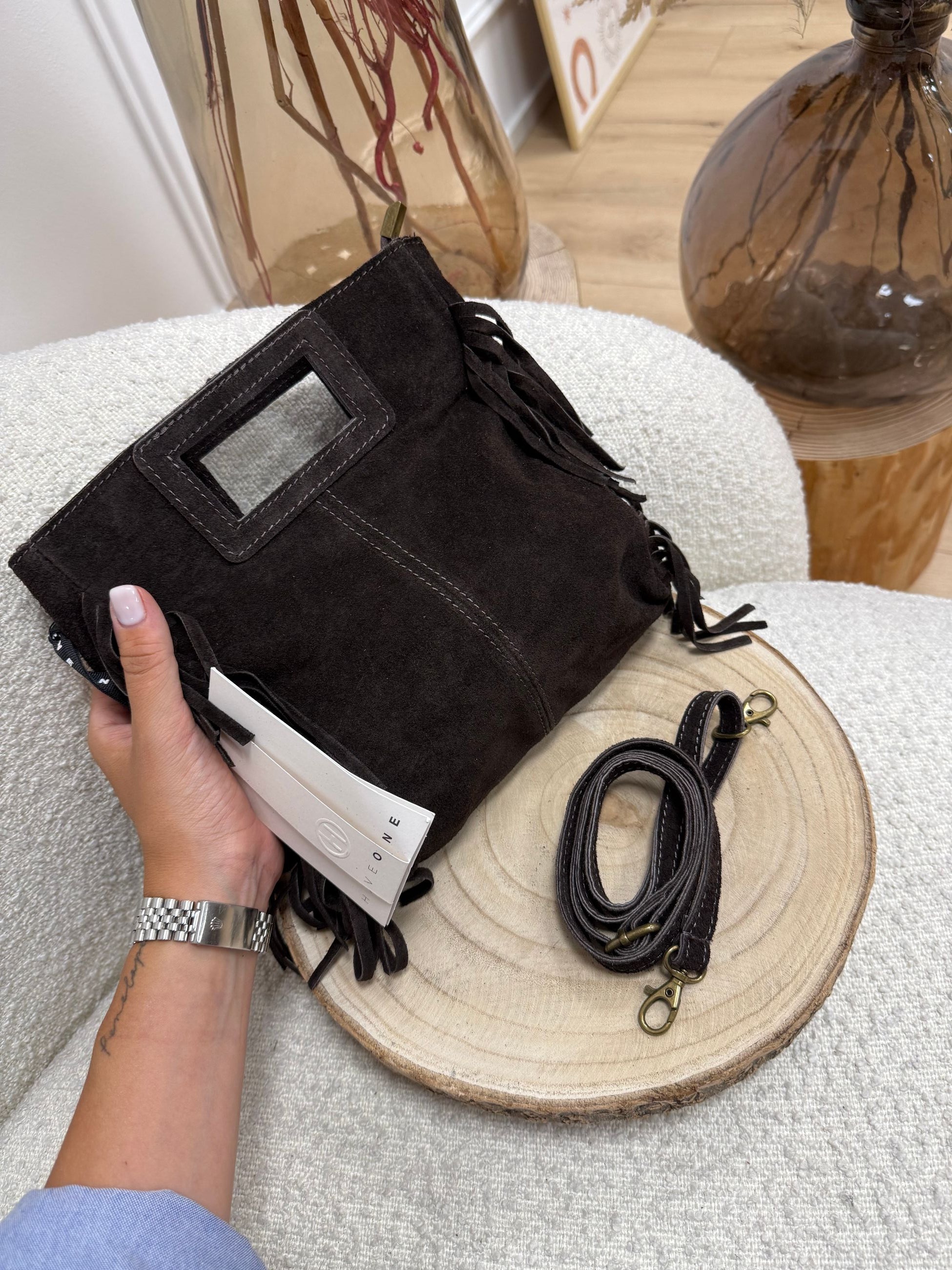 Borsa scamosciata moro con frange - HaveOne