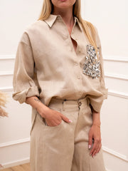 Camicia Dreamer sabbia in lino tasca paillettes - Tensione In
