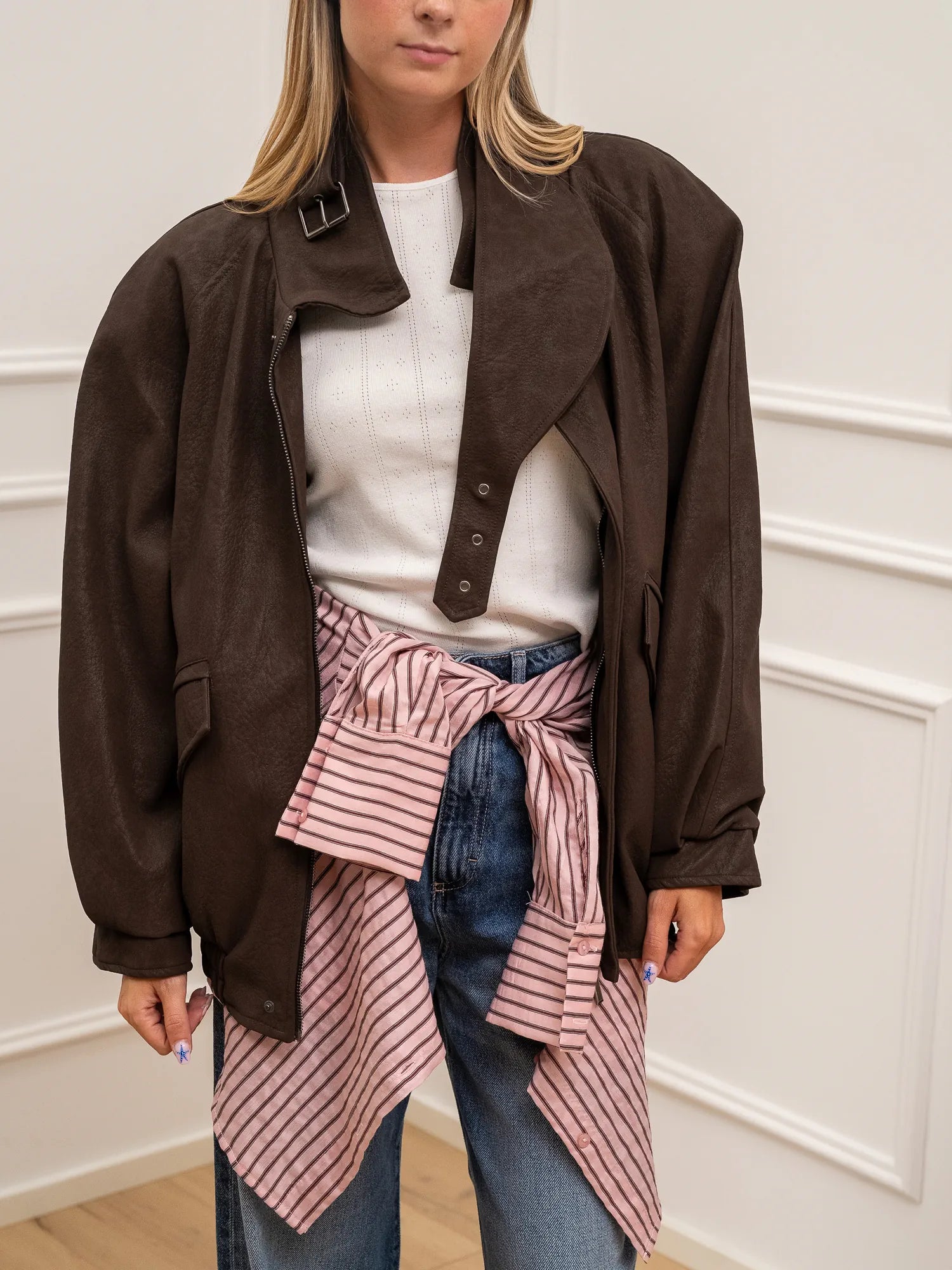 Bomber over effetto suede moro con spalline - HaveOne