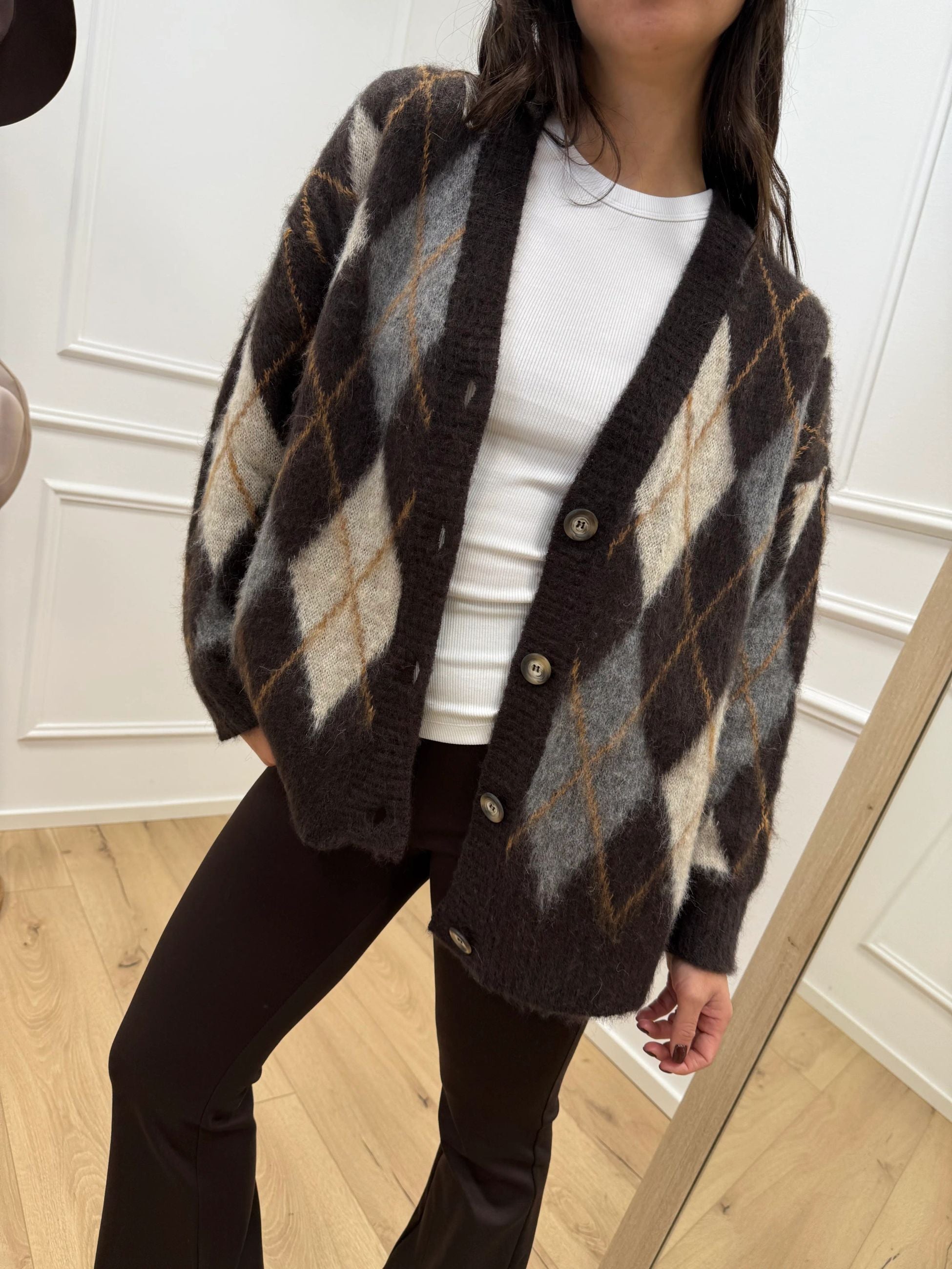 Cardigan mohair rombi moka, burro, grigio - Tensione In