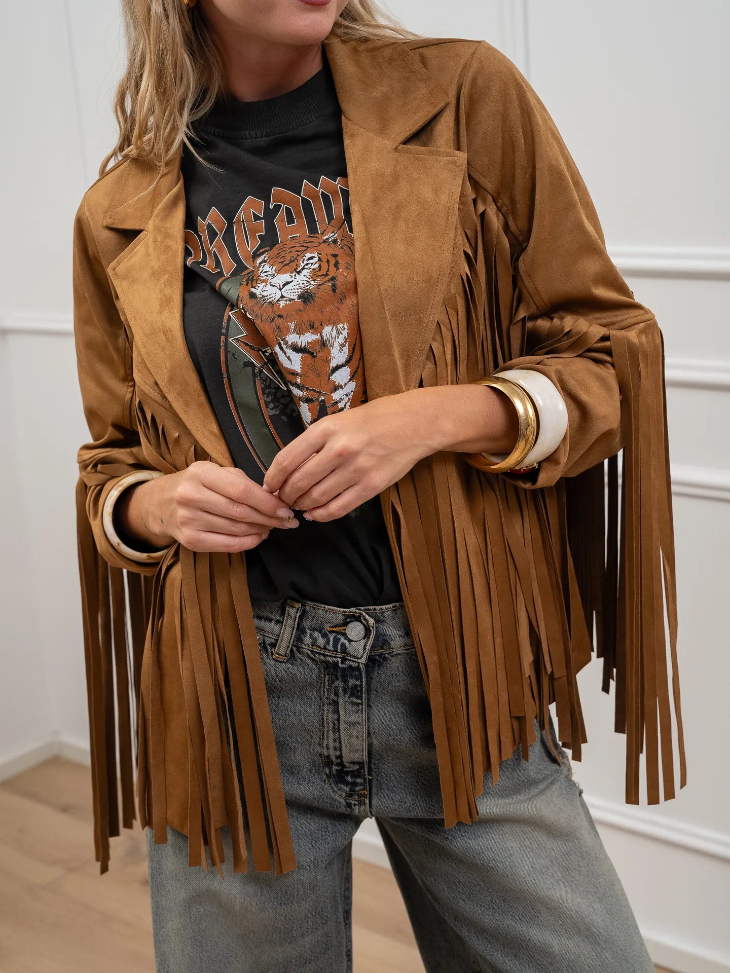 Giacca scamosciata cammello con frange - HaveOne