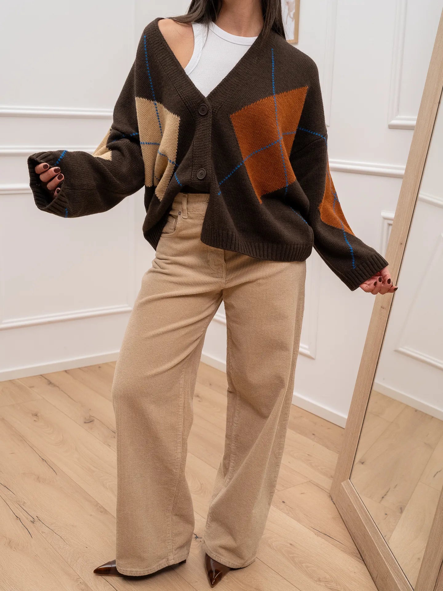 Cardigan a rombi moro, cammello e bluette - HaveOne