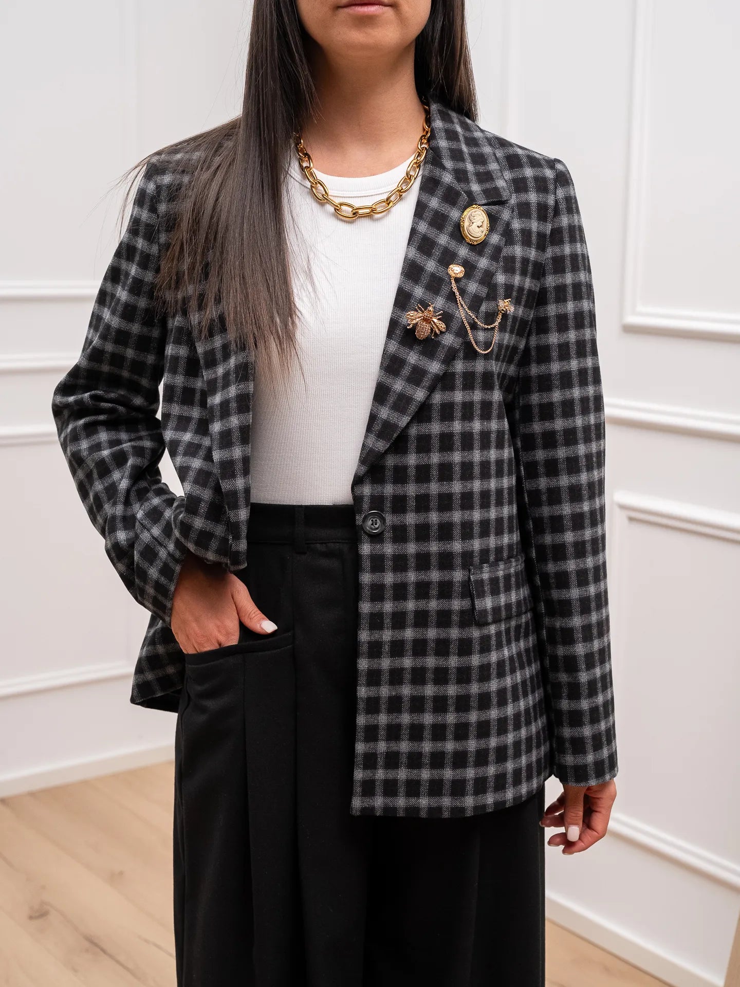 Giacca cappotto check grigia, nera - Vicolo