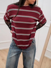 T shirt rigata bordeaux, verde con pizzo - Vicolo