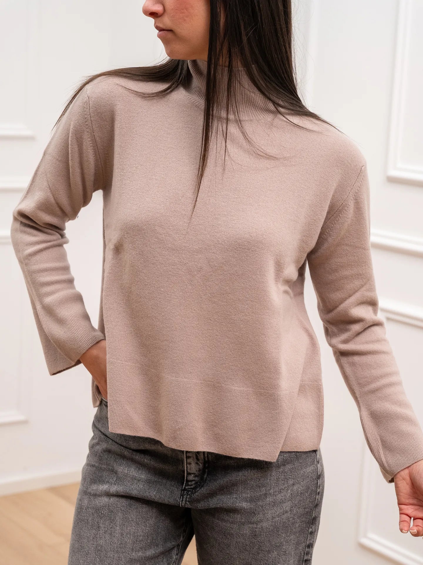 Maglia collo alto beige 100% lana - HaveOne
