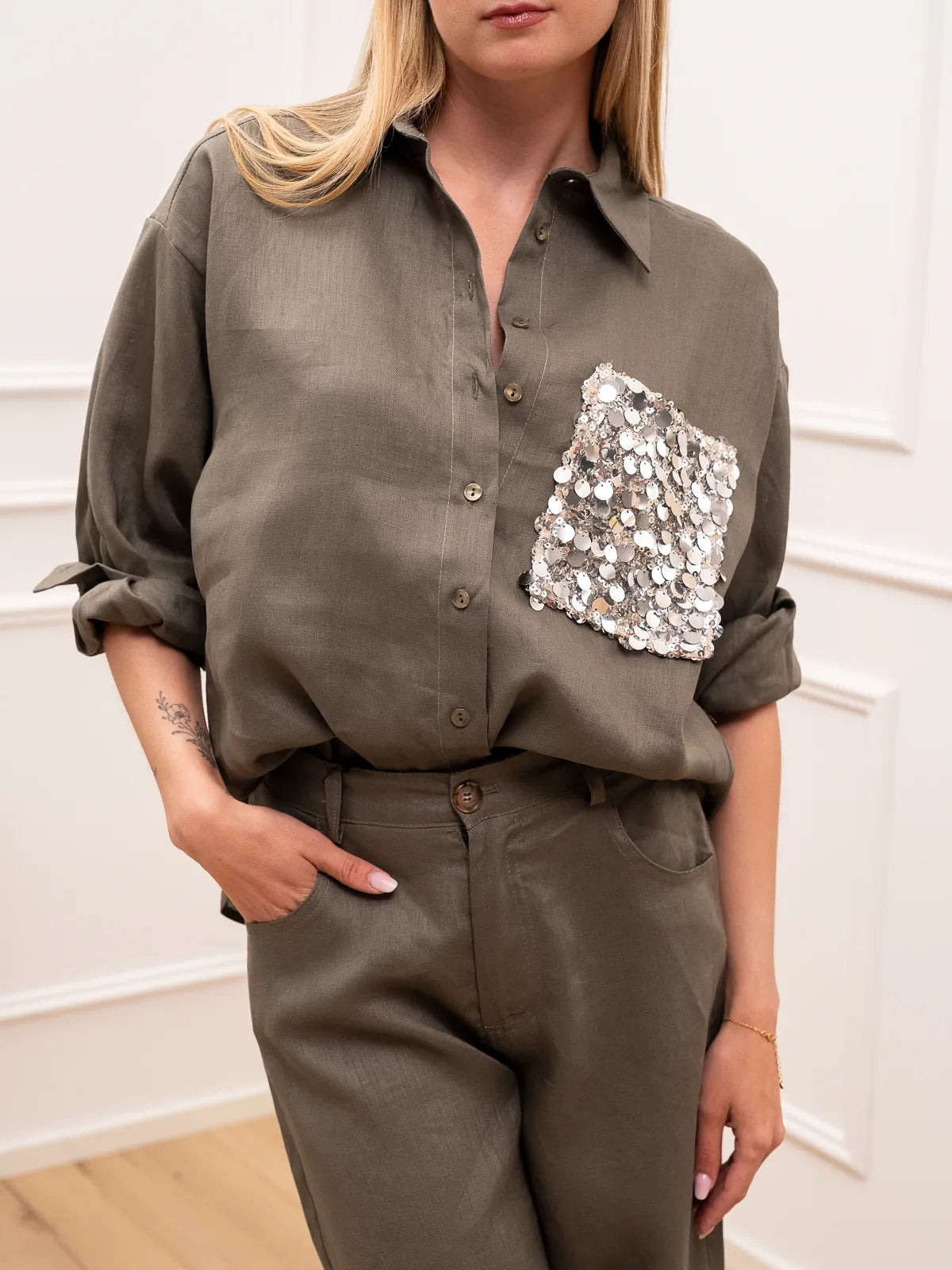 Camicia Dreamer militare in lino tasca paillettes - Tensione In