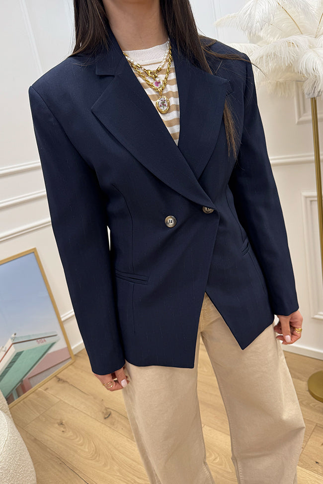 Giacca blu notte gessata lurex fit avvitato - HaveOne