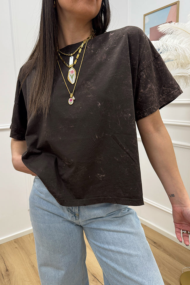 T shirt a scatoletta moro stonewash mezza manica - Vicolo