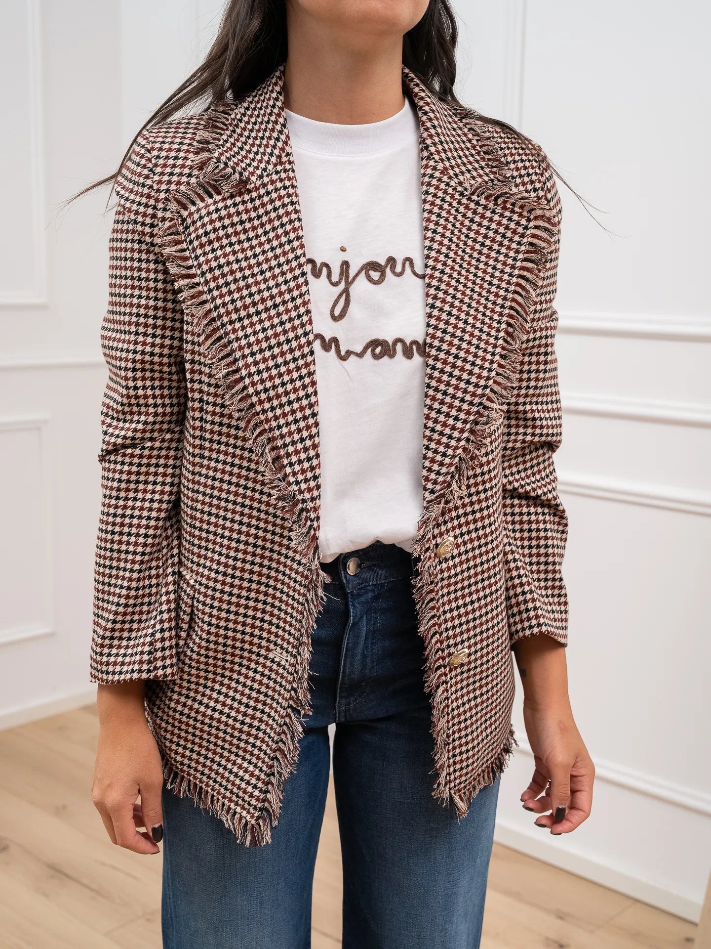 Giacca pied de poule vino, nero sfrangiata - Vicolo