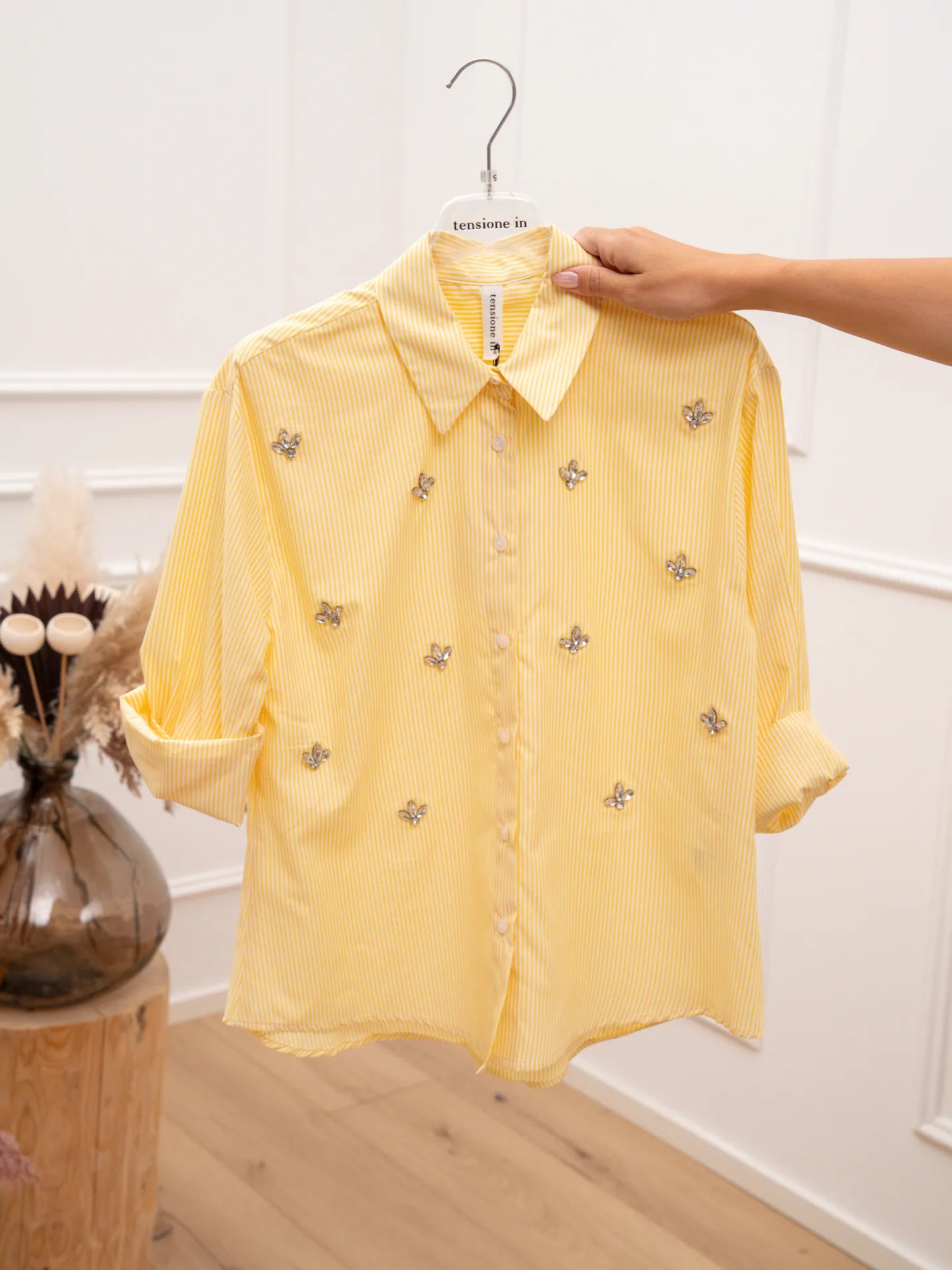 Camicia Shine rigata gialla con cabochon - Tensione In