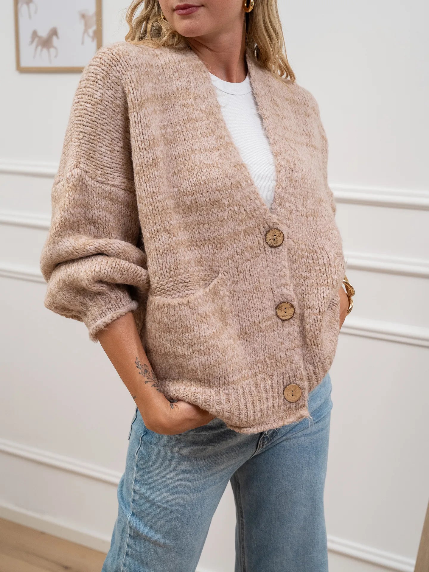 Cardigan rosa e beige a tre bottoni - HaveOne