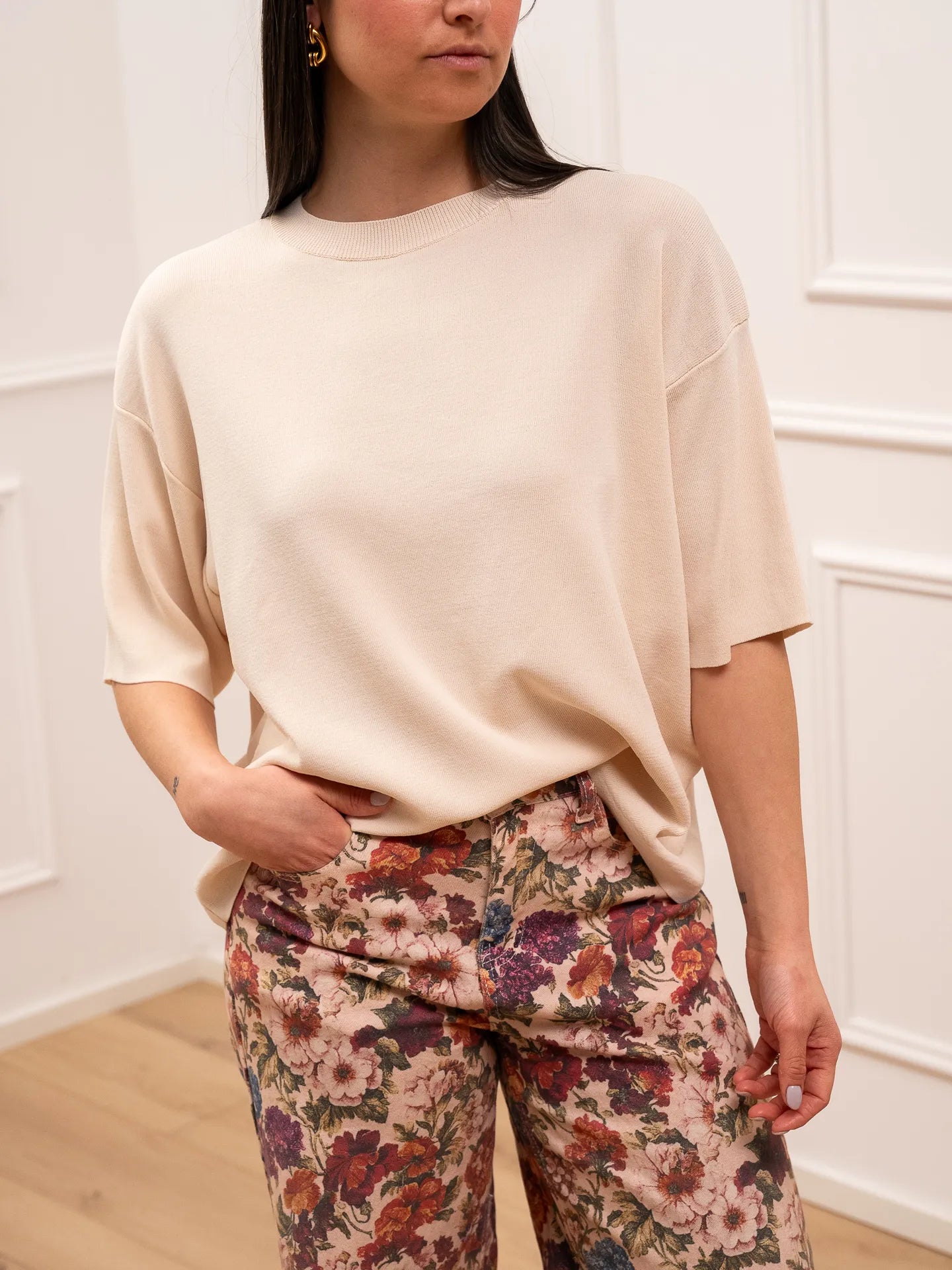 T shirt in tricot avorio a scatoletta - Vicolo