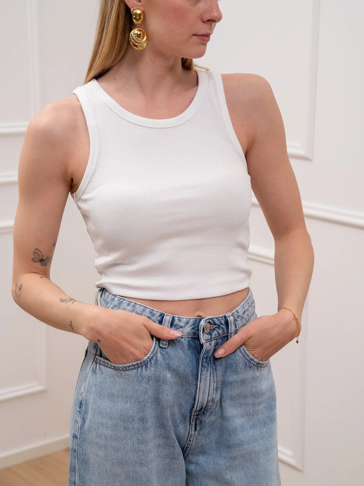 Canotta Fallon crop bianca a costine - JJXX