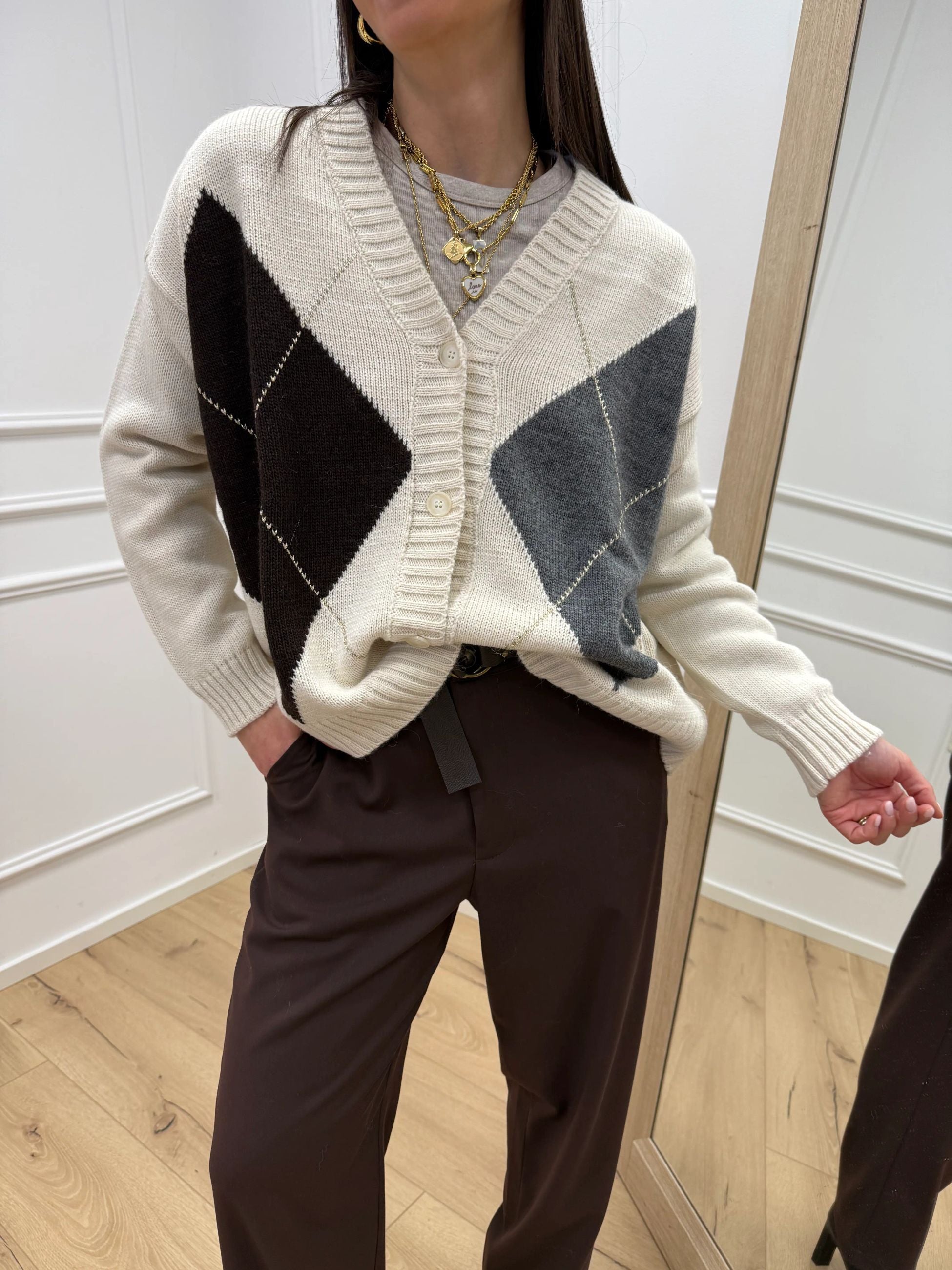 Cardigan maxi losanghe panna, grigio e moro - HaveOne
