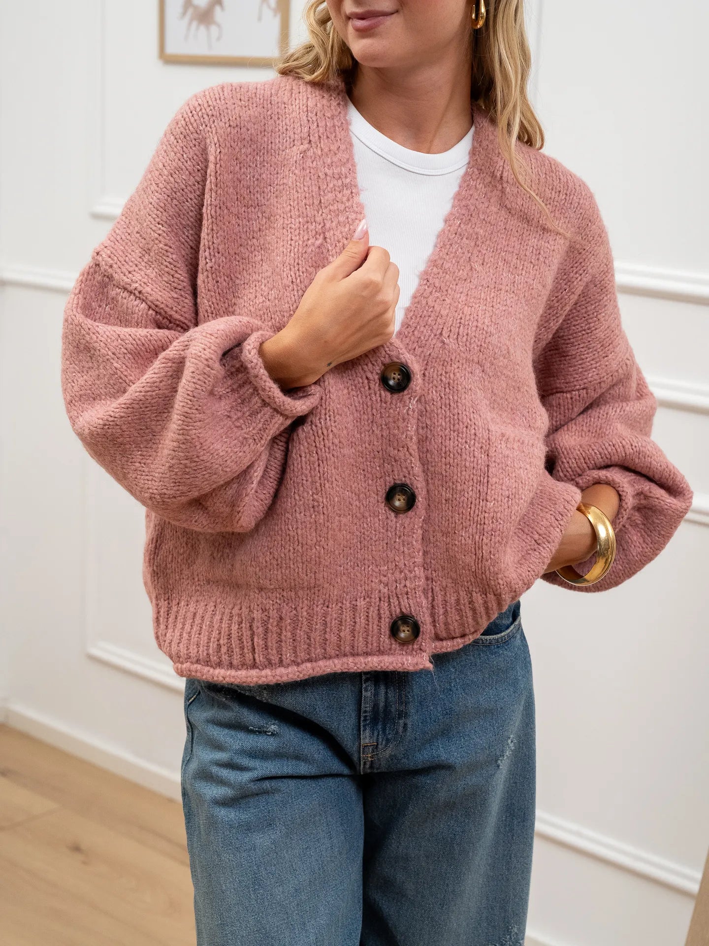 Cardigan rosa a tre bottoni con taschine - HaveOne