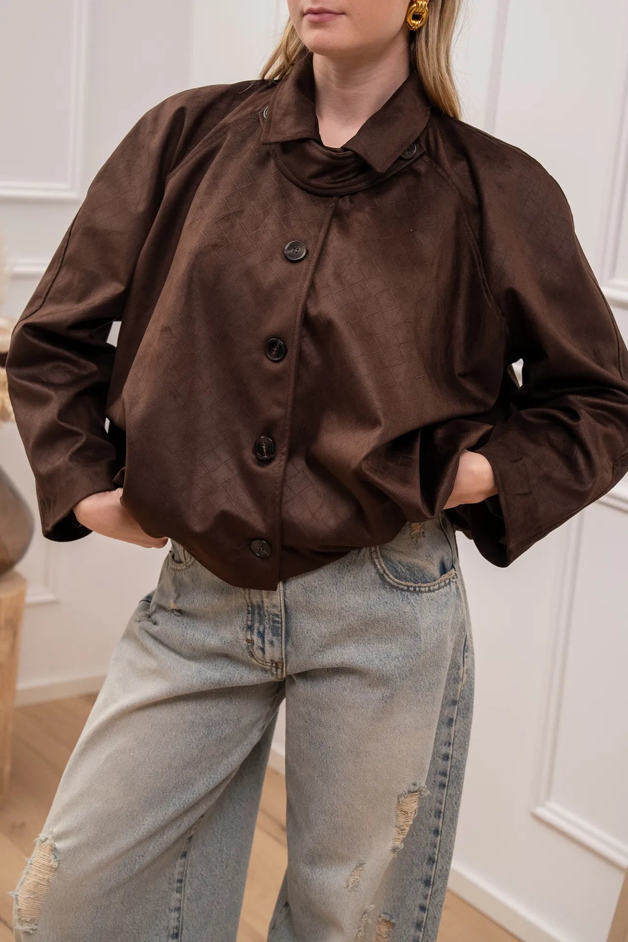 Bomber scamosciato moro effetto intrecciato - Tensione In