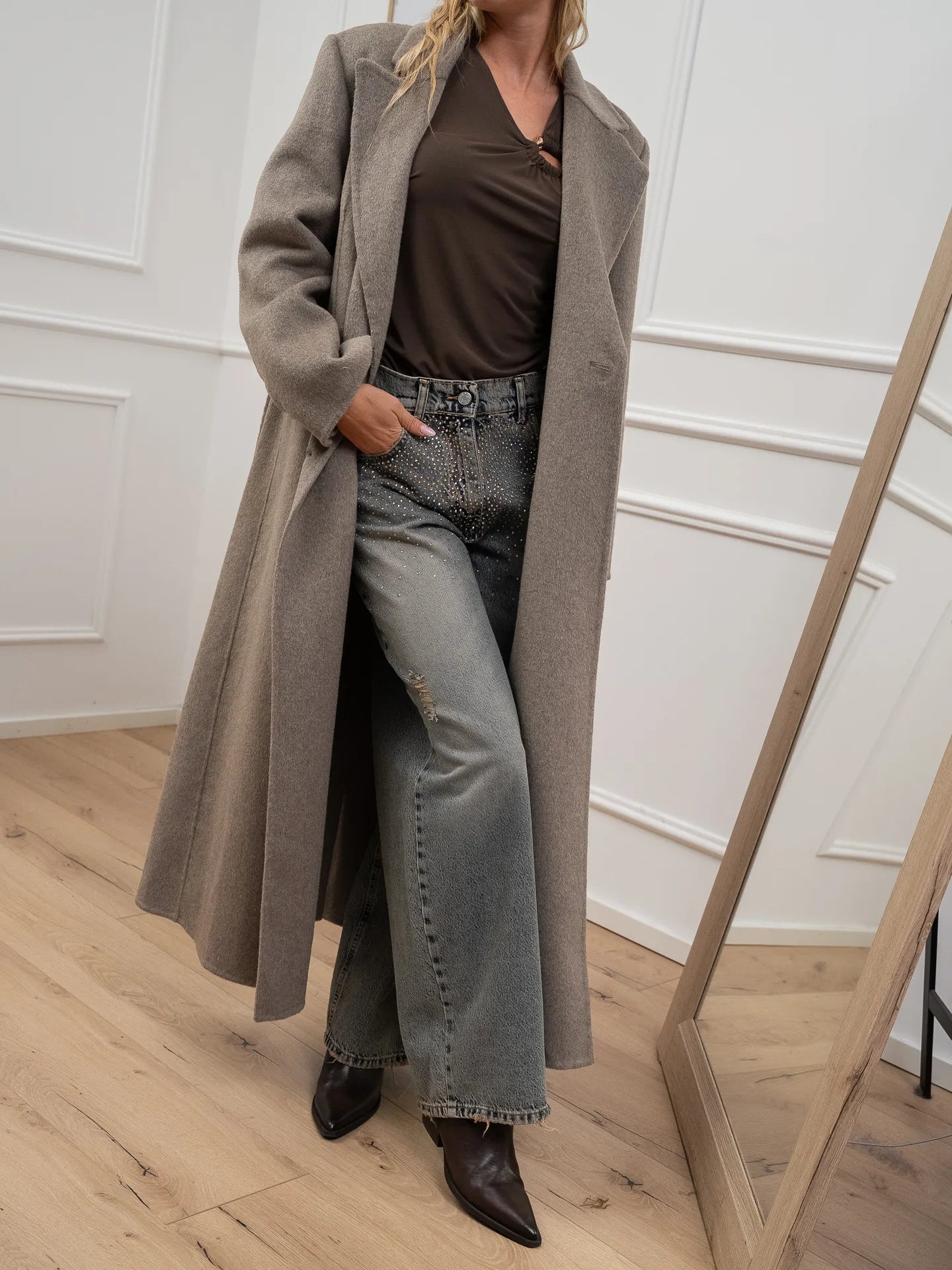 Cappotto strutturato tortora con cintura - HaveOne