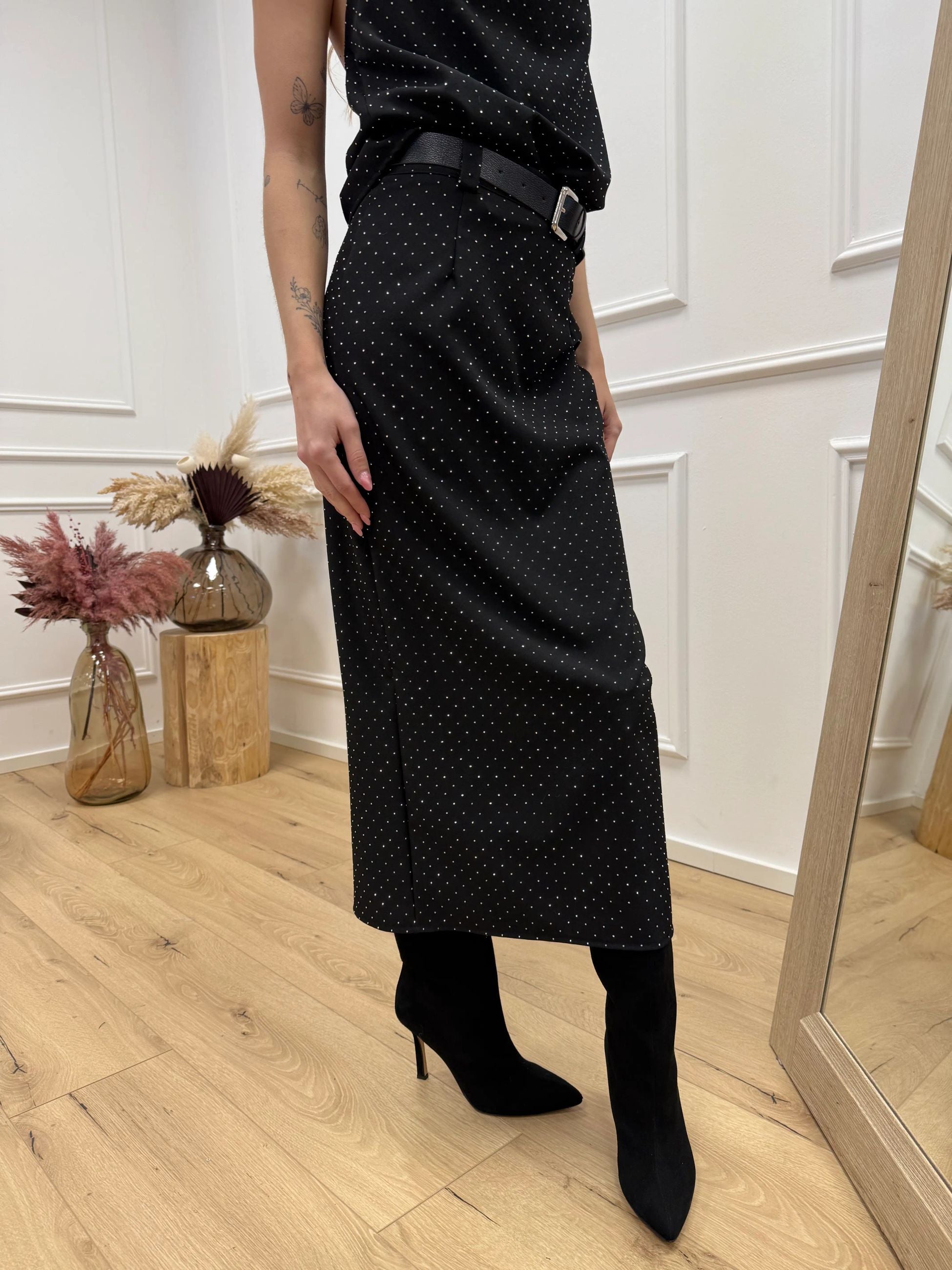 Gonna longuette nera con strass argento - HaveOne