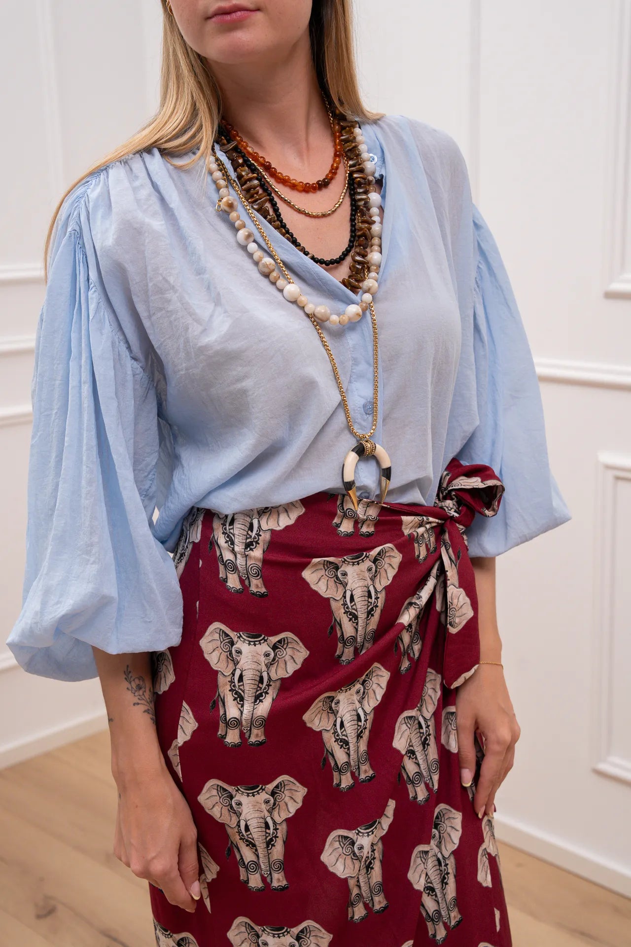Camicia coreana in mussolina celeste manica balloon - Tensione In