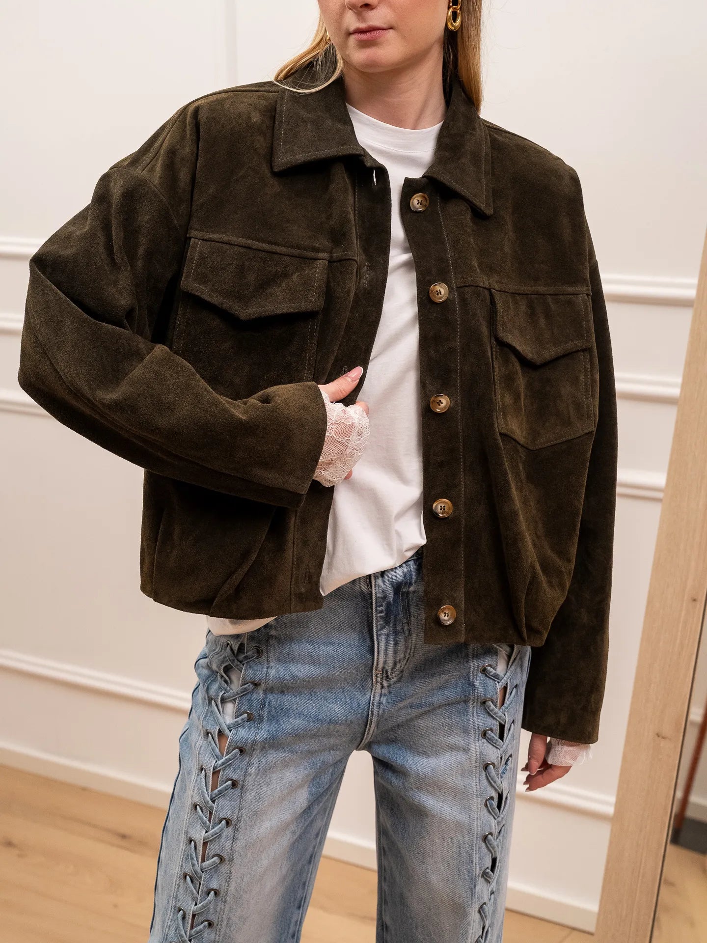 Bomber in vera pelle scamosciata kaki - Vicolo