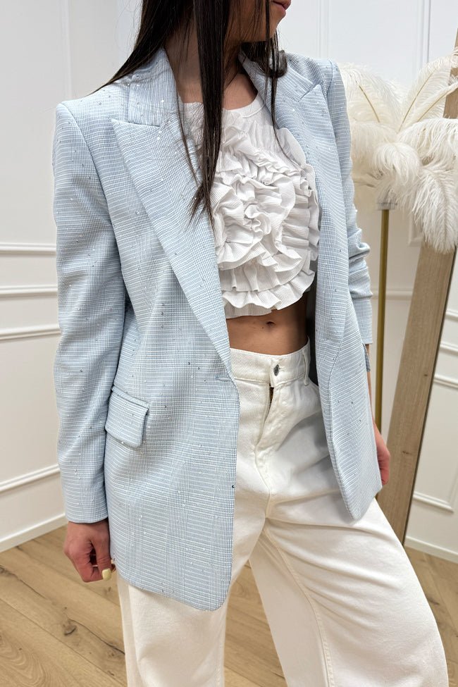 Giacca taglio maschile check azzurro full paillettes - HaveOne