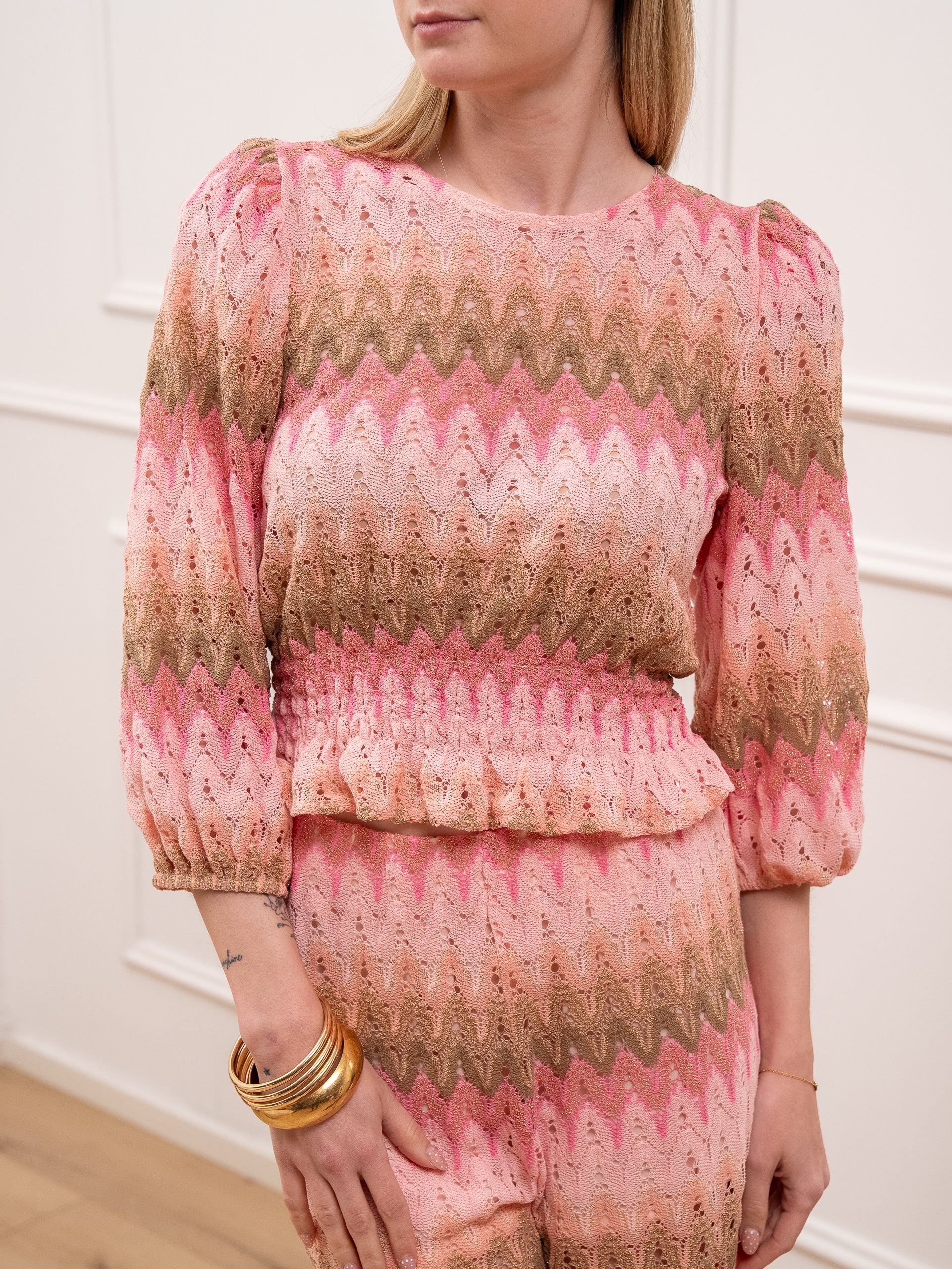 Top crochet rosa filo lamè oro - Tensione In