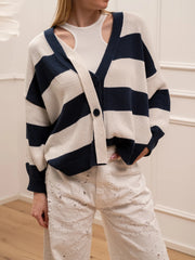 Cardigan morbido rigato blu e latte con laccio - HaveOne