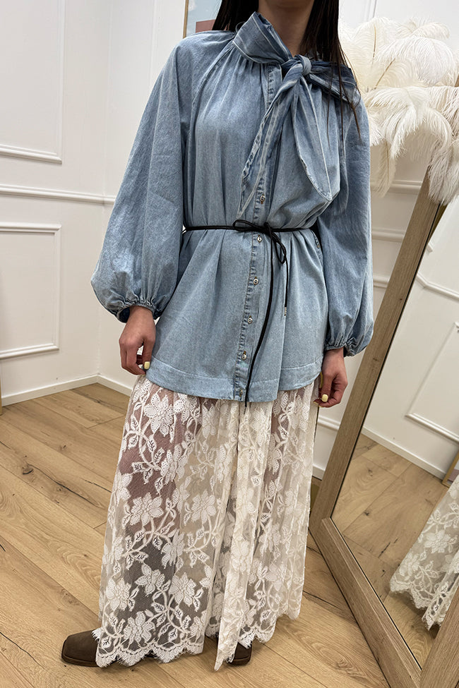 Vestito chemisier in denim e pizzo - Tensione In