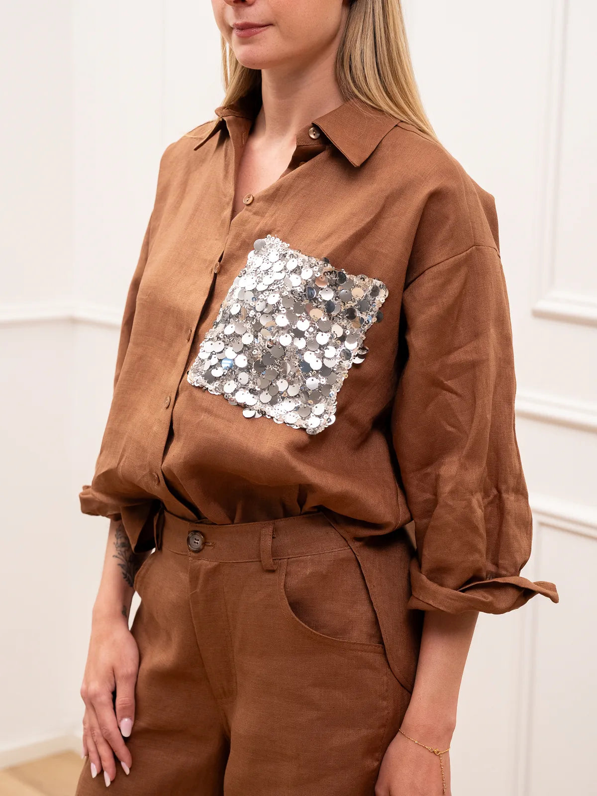 Camicia Dreamer bruciato in lino tasca paillettes - Tensione In