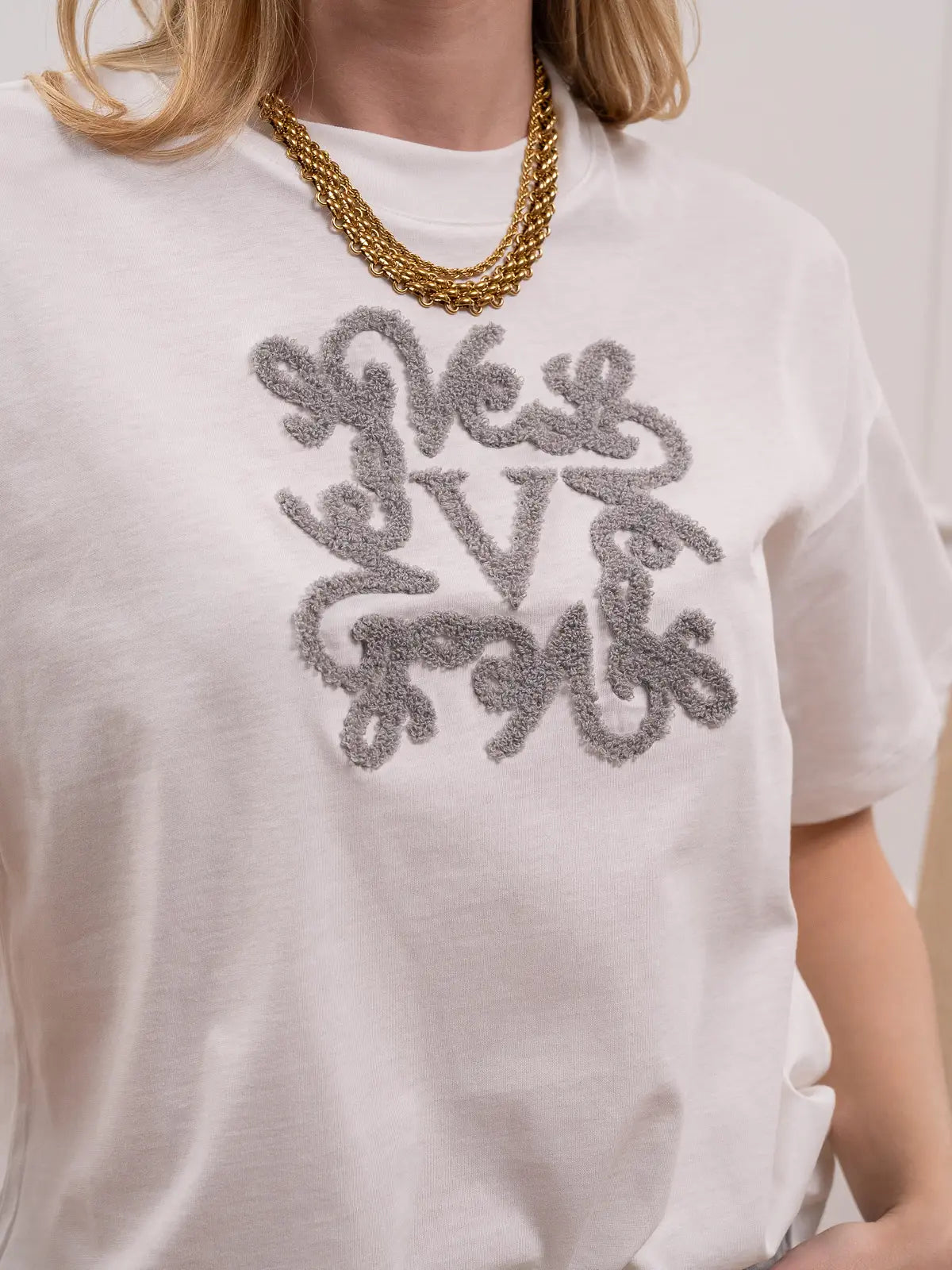 T shirt bianca logo bouclé grigio - Vicolo