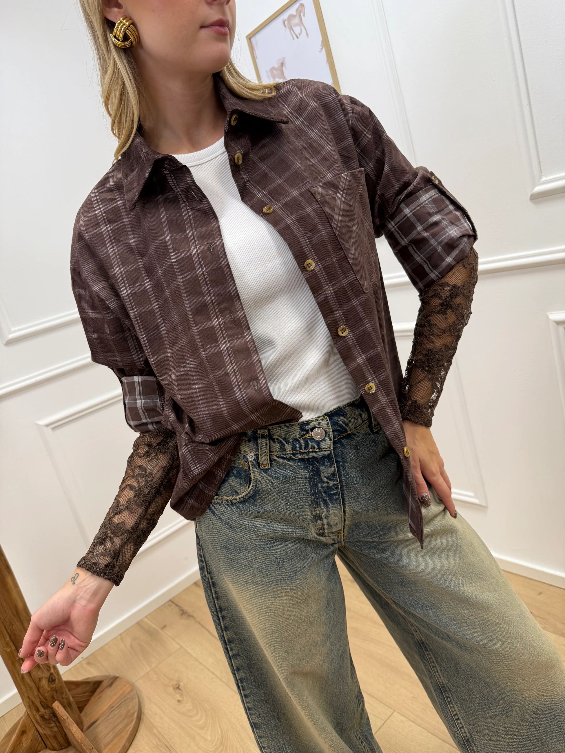 Camicia check moro con manica in pizzo - Vicolo