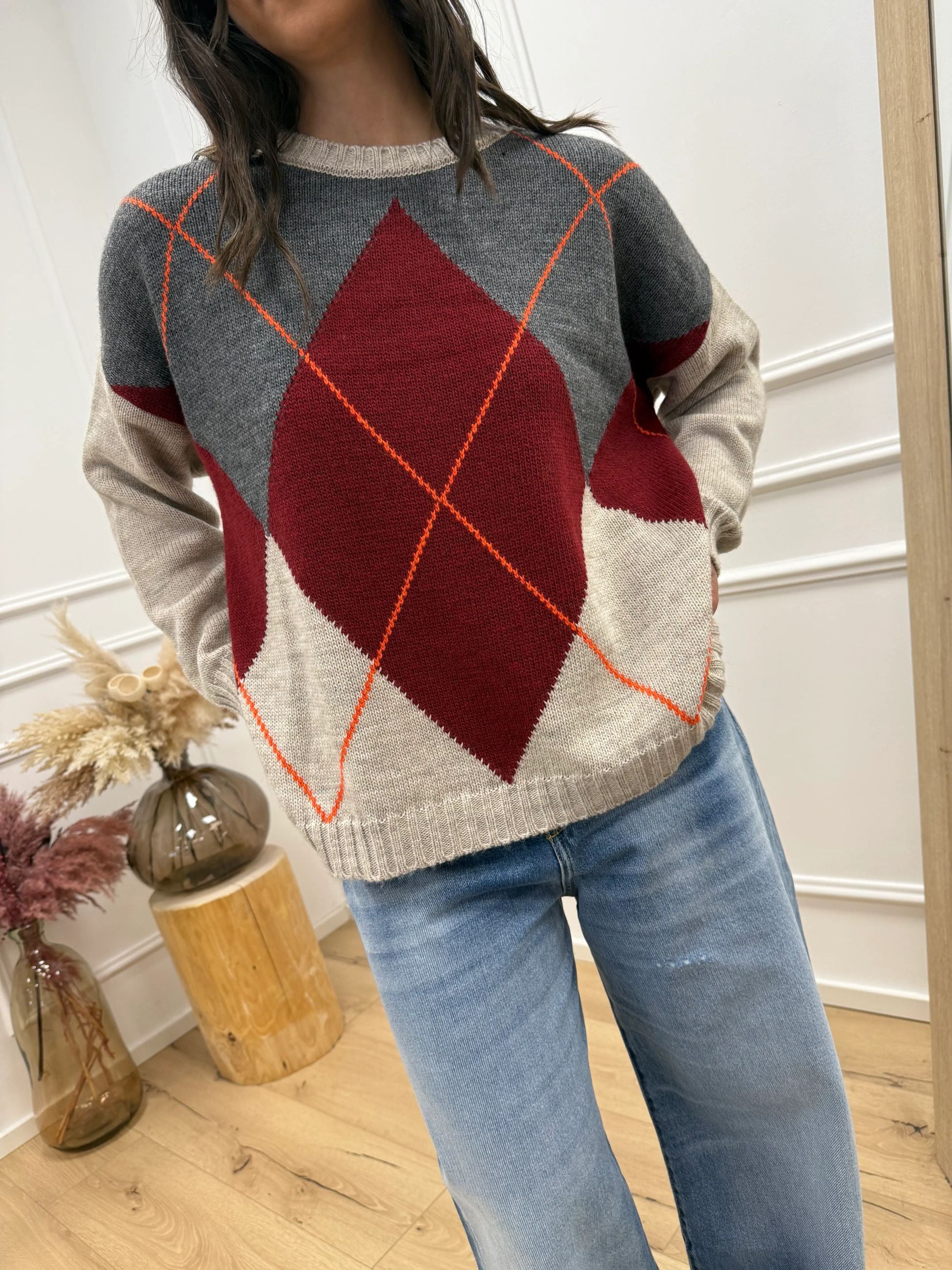 Maglia over rombi beige, rubino, antracite e arancio - HaveOne