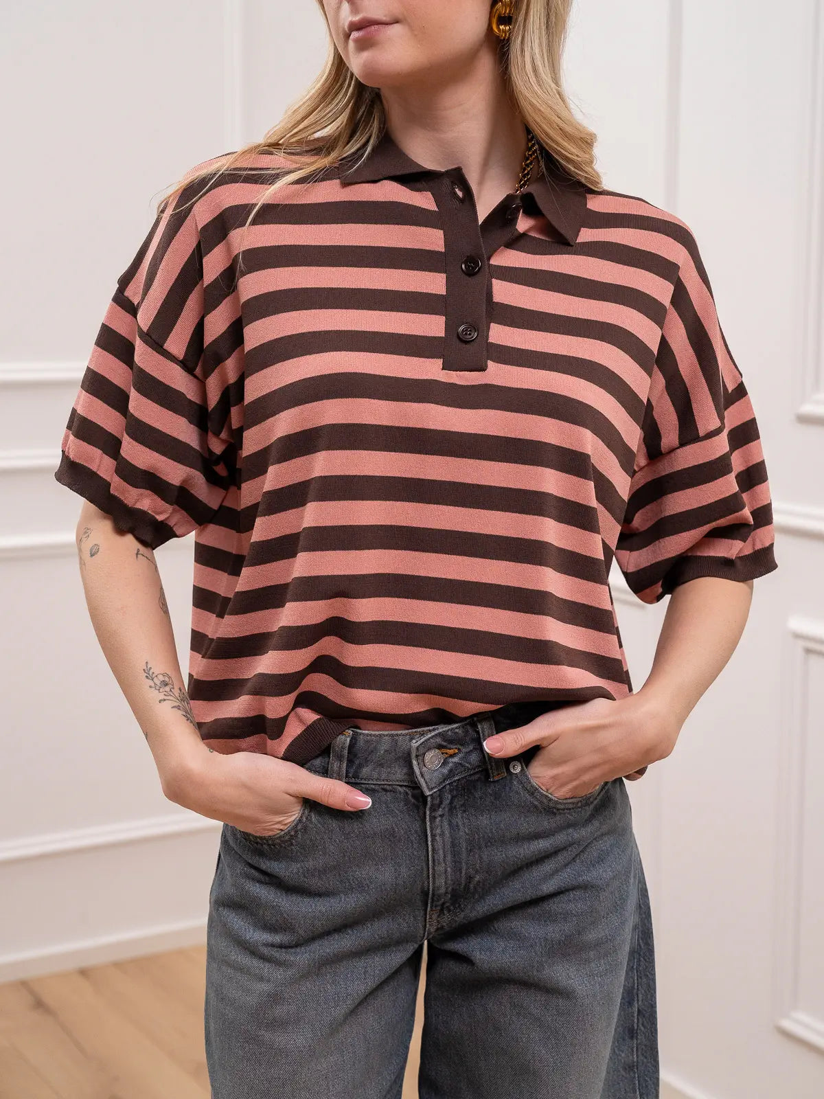 Polo in viscosa riga salmone e caffè - Vicolo