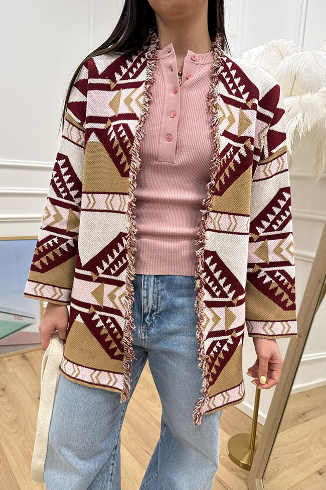 Cardigan etnico bordeaux, rosa e nocciola - HaveOne