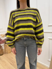Maglia garzata a righe tortora, lime e moro - HaveOne
