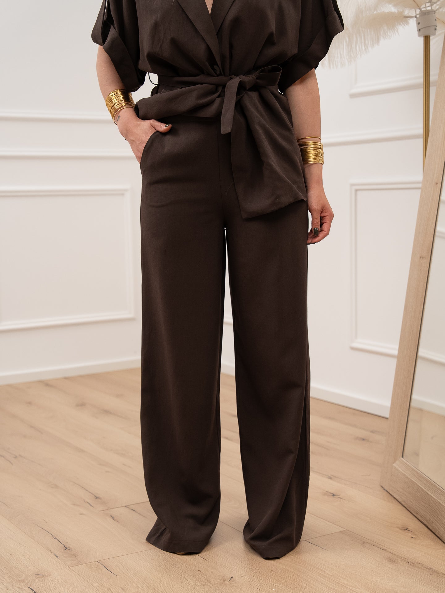 Pantaloni con molla moro misto lino e viscosa - Vicolo