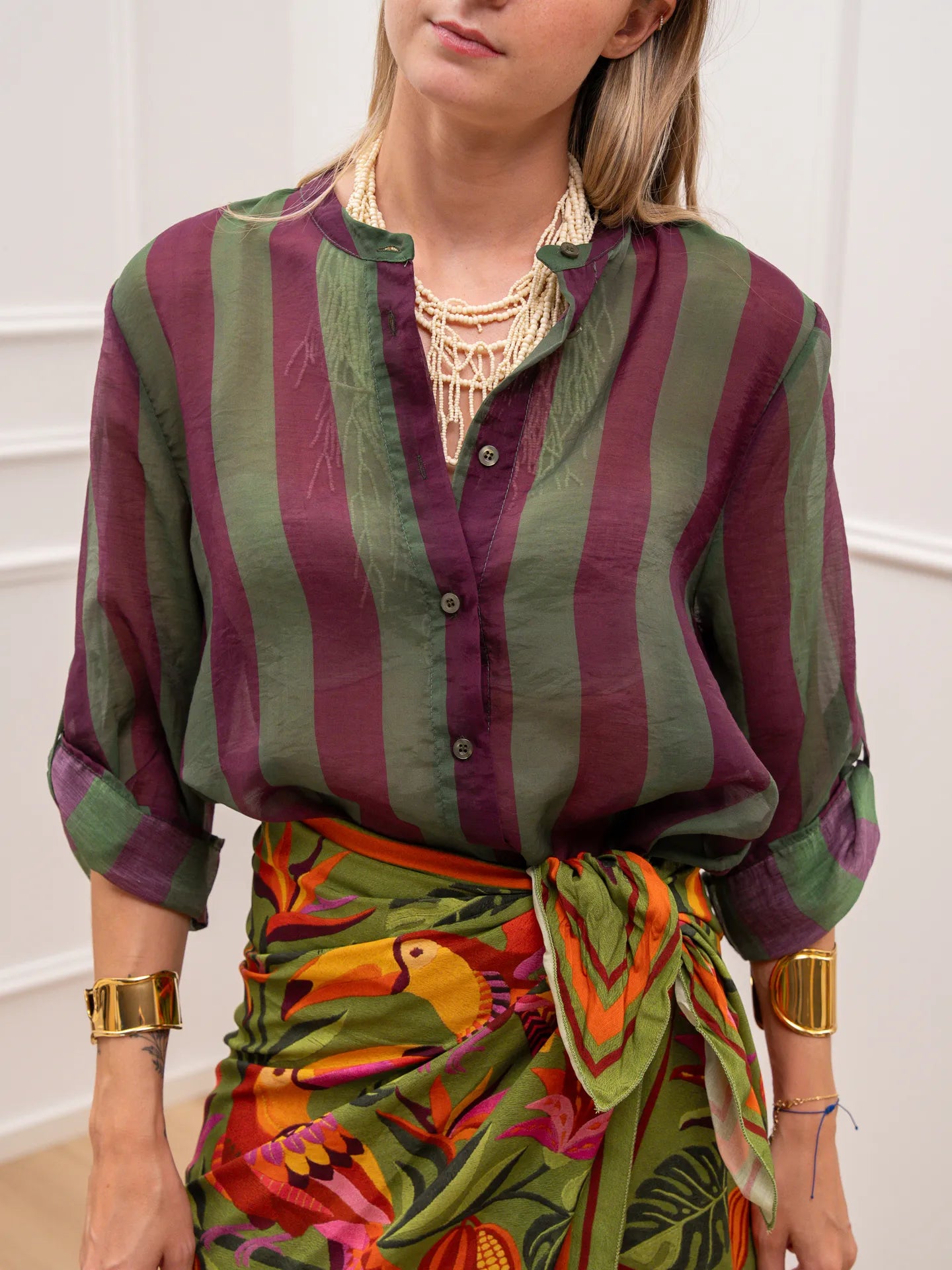 Camicia riga larga verde e viola in lyocell - HaveOne