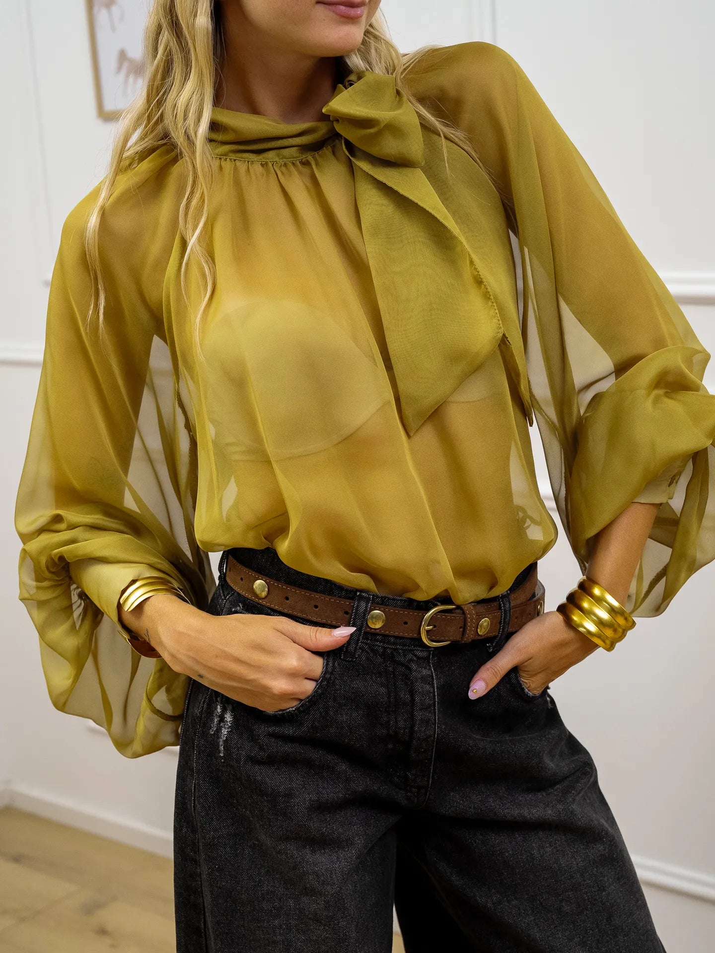 Camicia velata olio con fiocco al collo - Kontatto