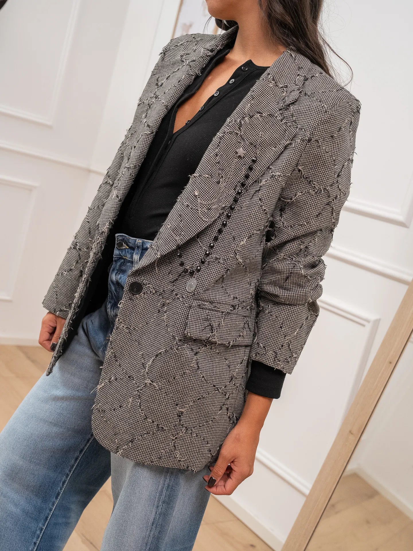 Giacca tweed bianca e nera sfrangiata - Philia Loft