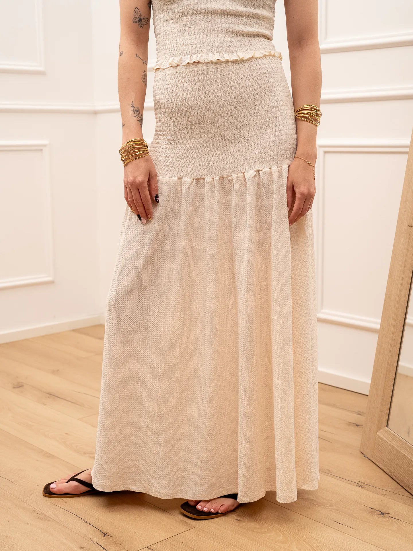 Gonna lunga punto smock crema - Glamorous