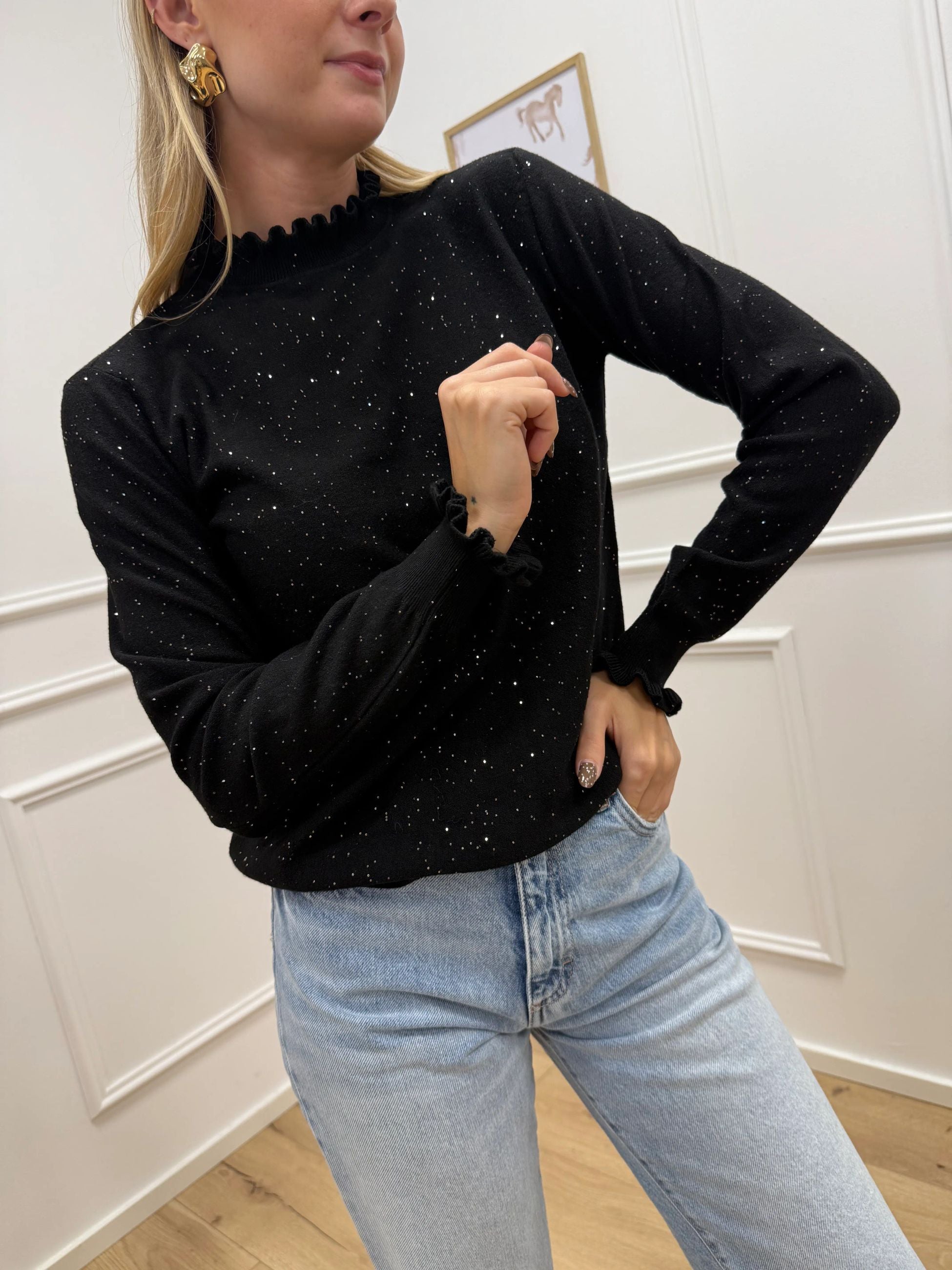 Maglia rouches nera micropaillettes - HaveOne