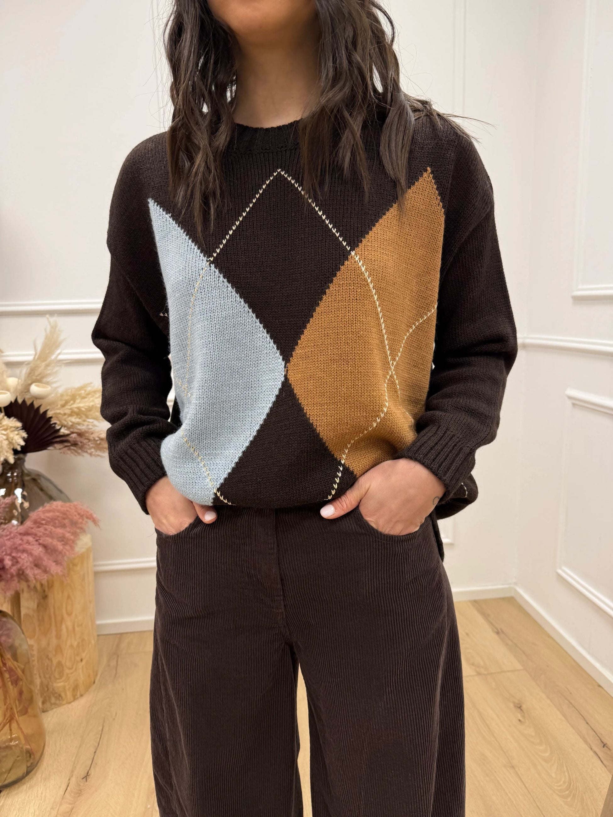 Maglia rombi lurex moro, nocciola e celeste - HaveOne