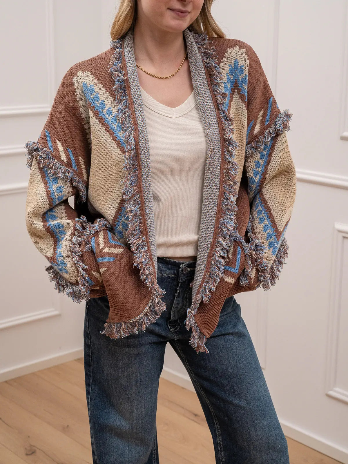 Cardigan alanui frangette celeste, cognac e vaniglia - Tensione In