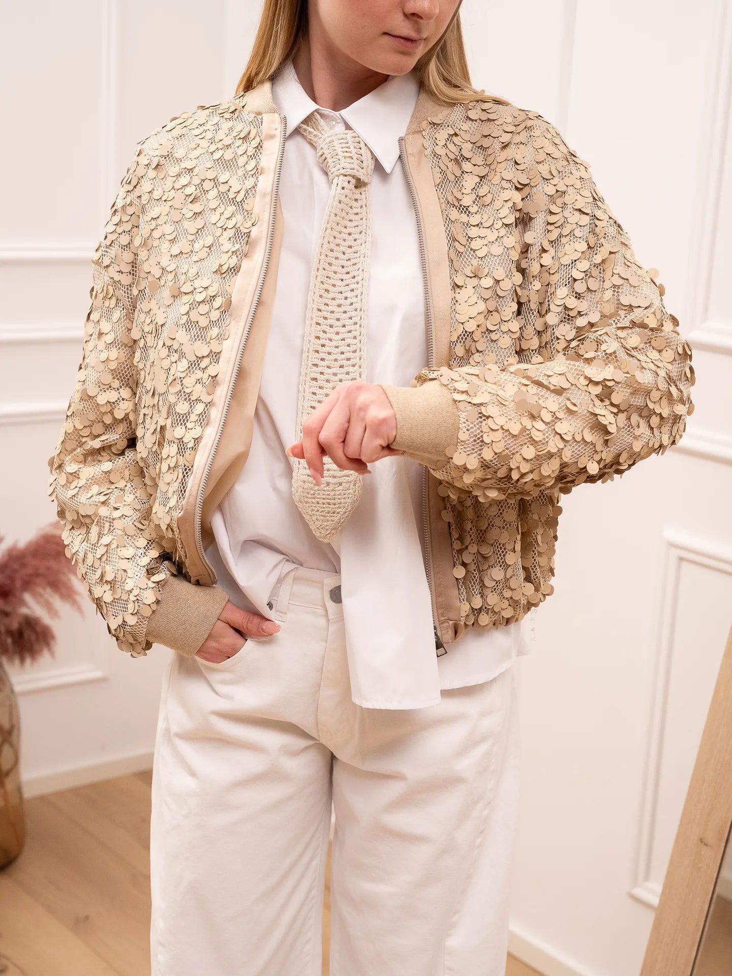 Bomber beige in rete con paillettes - HaveOne