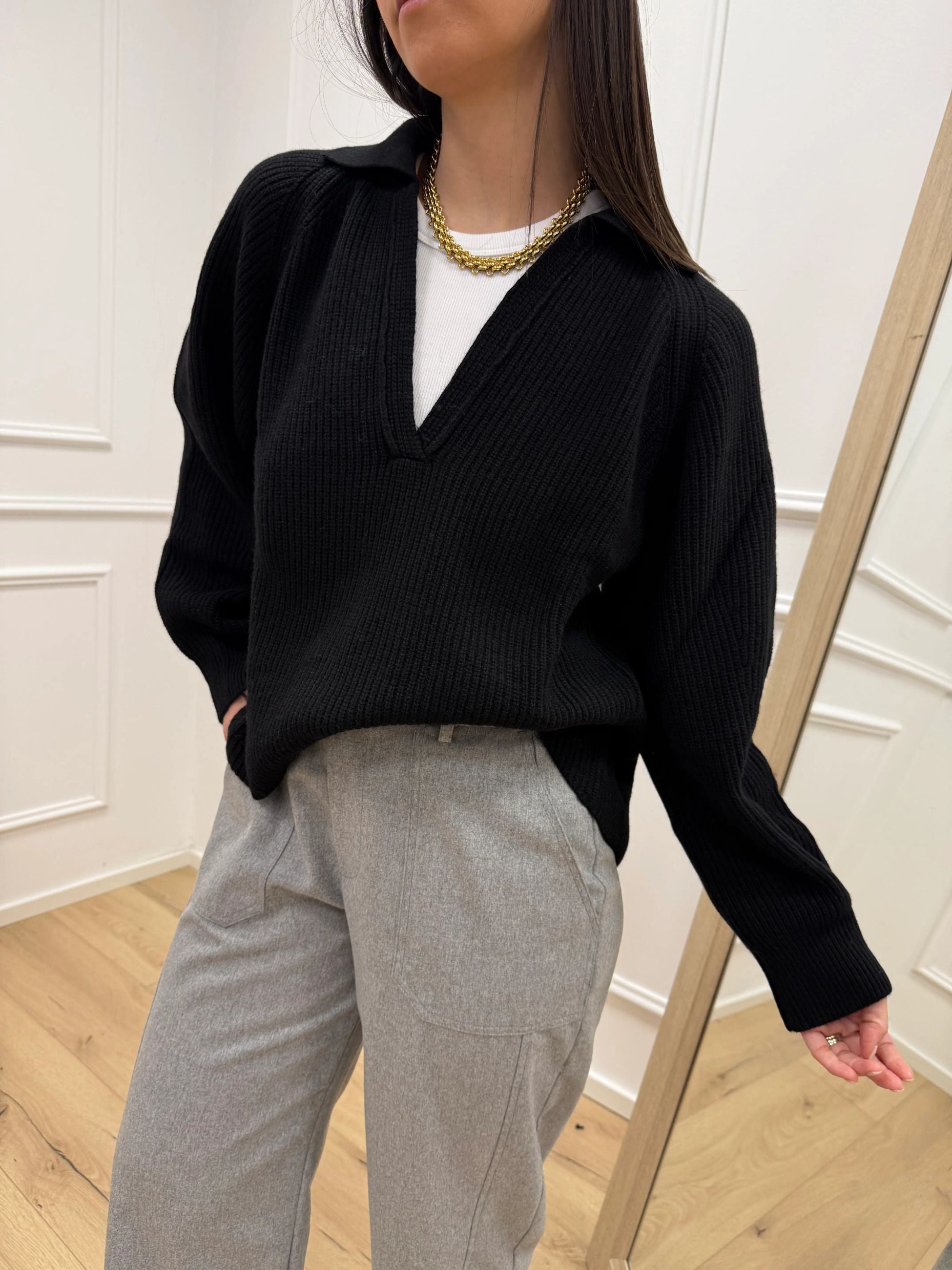 Polo costa inglese nero misto lana - Vicolo