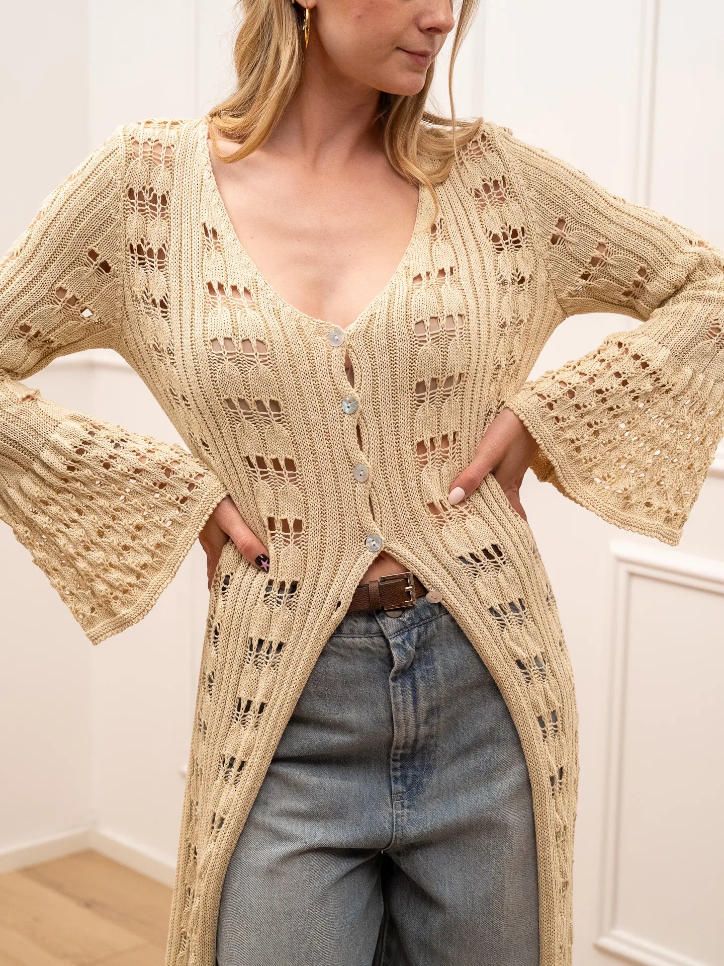 Maxi cardigan Pietrasanta crochet sabbia - Crispy