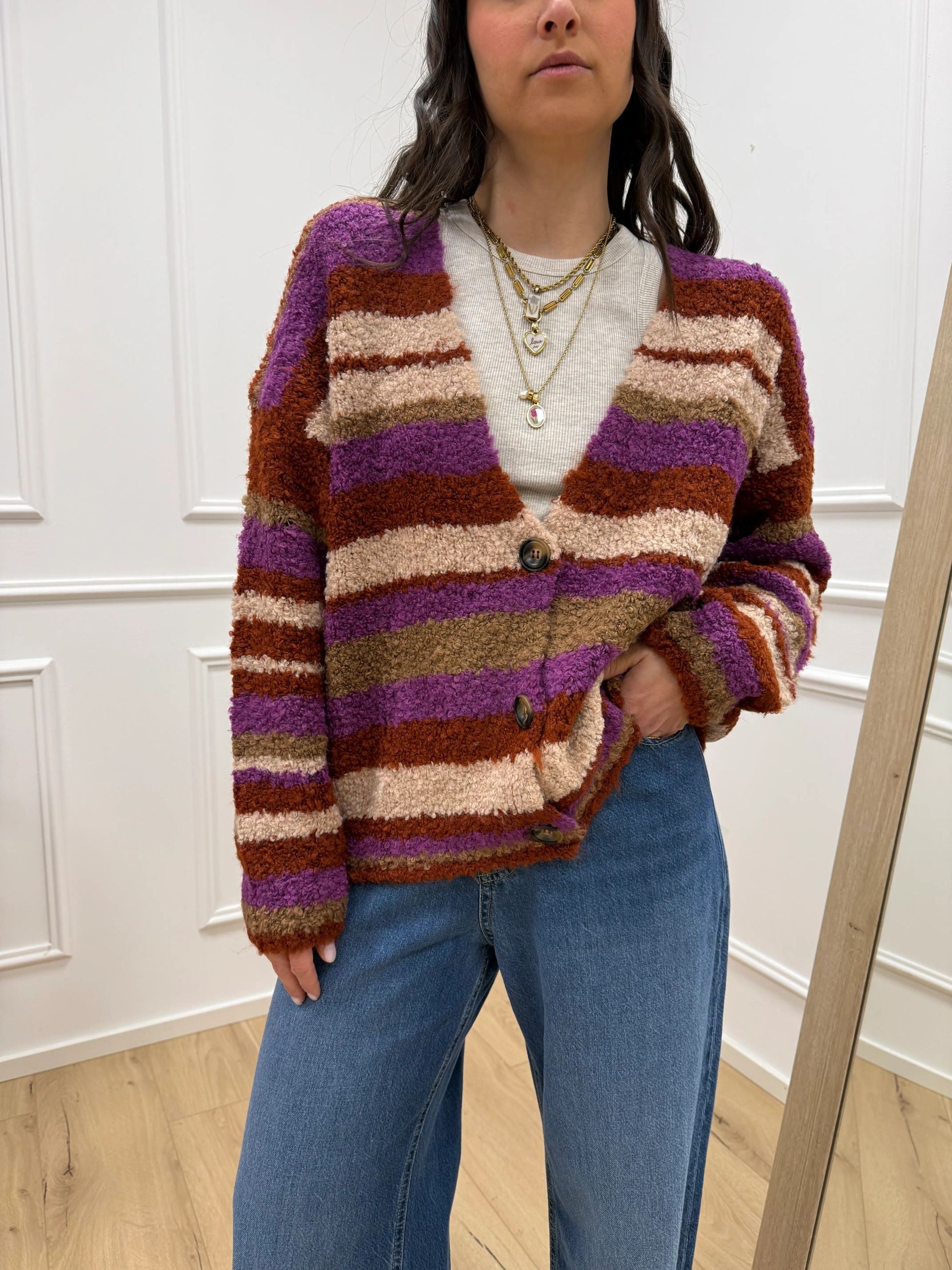 Cardigan tre bottoni rigato ruggine - HaveOne