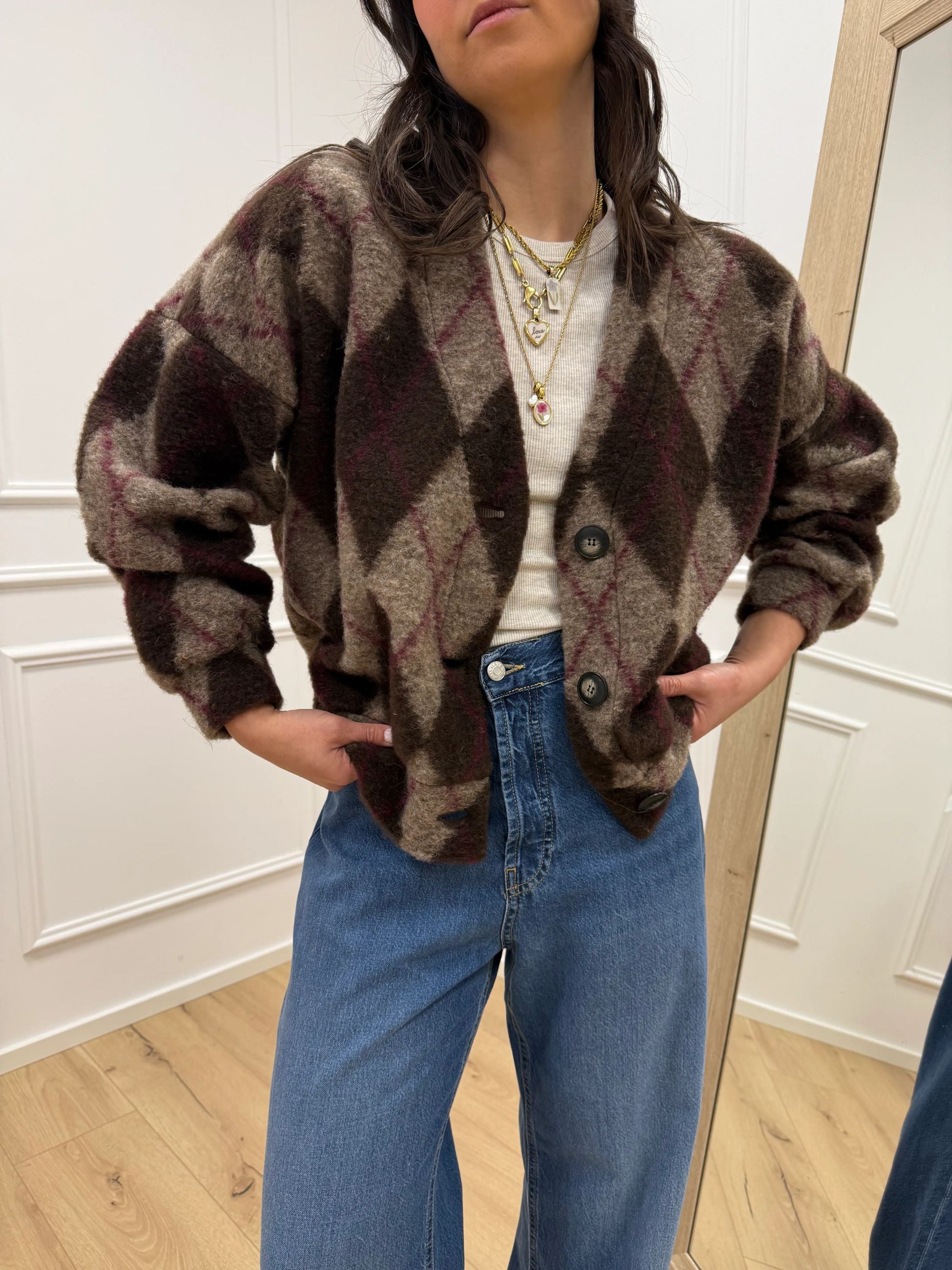 Cardigan spalla scesa rombi moro e vino - HaveOne