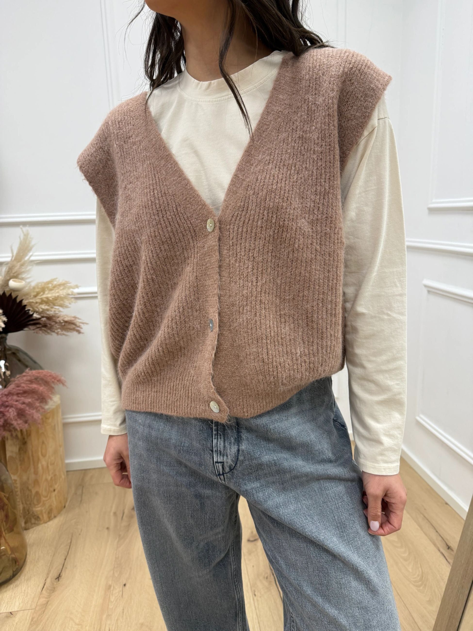 Gilet misto alpaca mocha mousse con bottoni - HaveOne